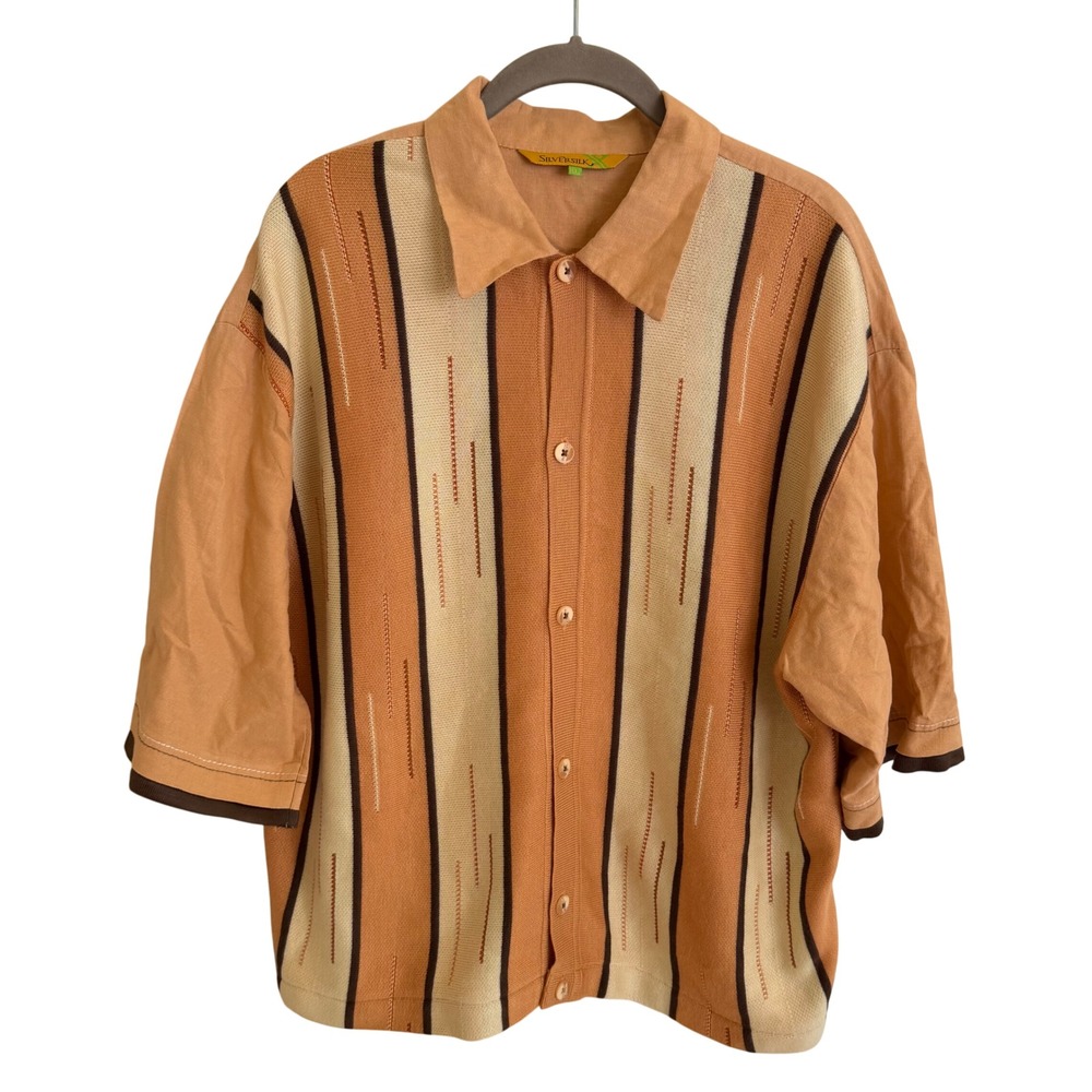 Silversilk Vintage Mens XL Linen Silk Knit Front Stripe‎ Button Down Shirt Brown